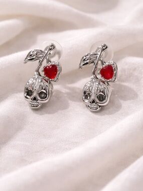 Silver Skull Cherry Earrings with Red Heart Accent NEW 18k over copper 925 posts